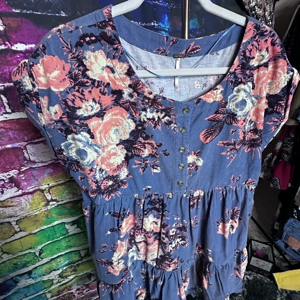 Free People Harper Corduroy Blue Floral Mini Dress, Size XS but Oversized, NWPT - Picture 4 of 8